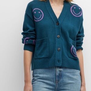 Rails Teal Cardigan with Pink Smiley Embroidery